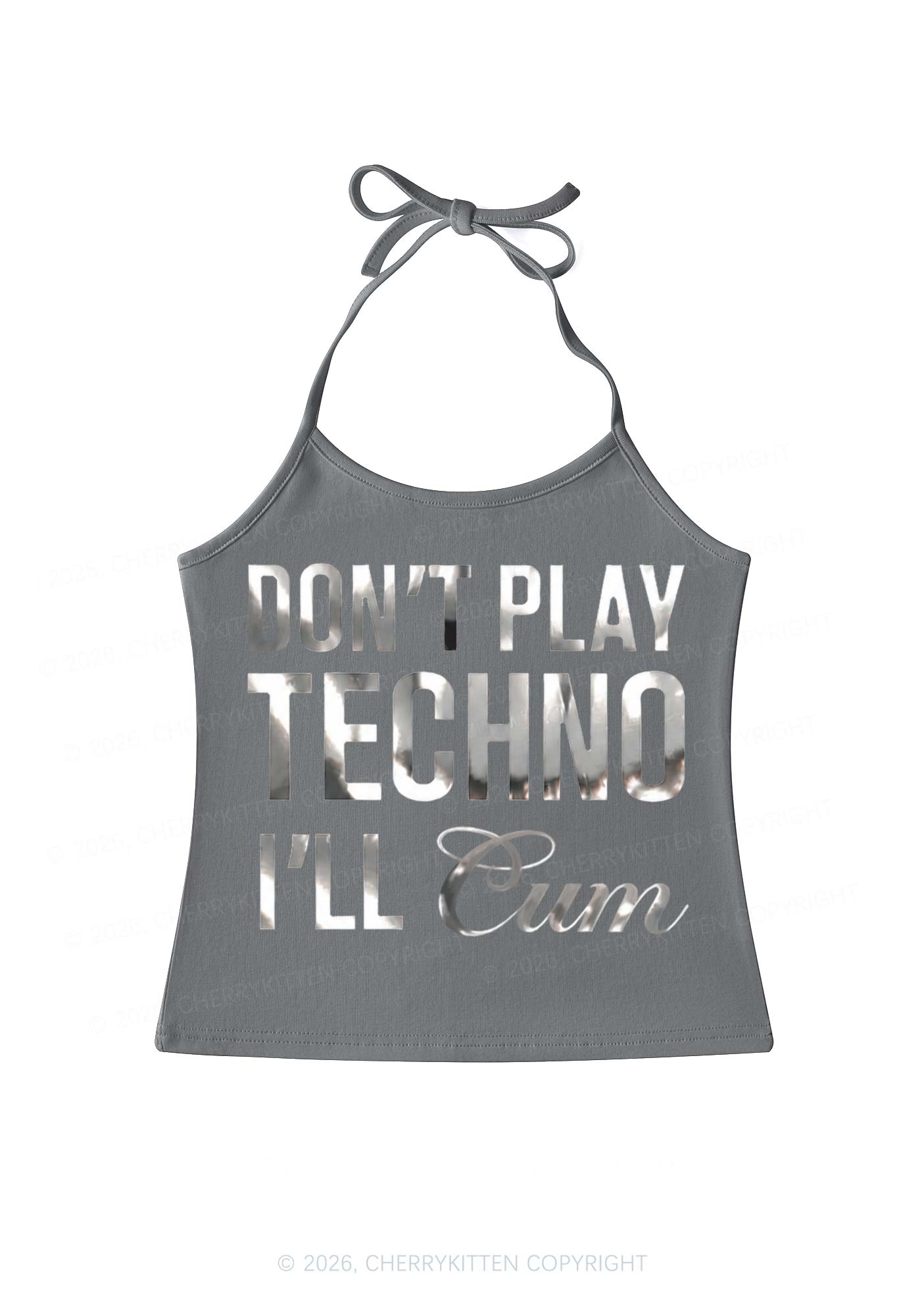 Dont Play Techno Silver Foil Printed Y2K Halter Neck Cami Cherrykitten
