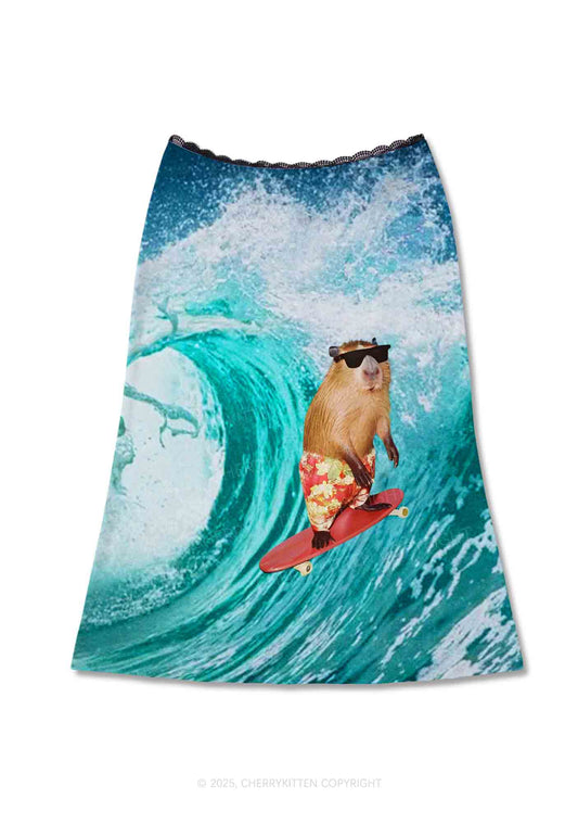 Surfing Capybara Y2K Print Midi Skirt Cherrykitten