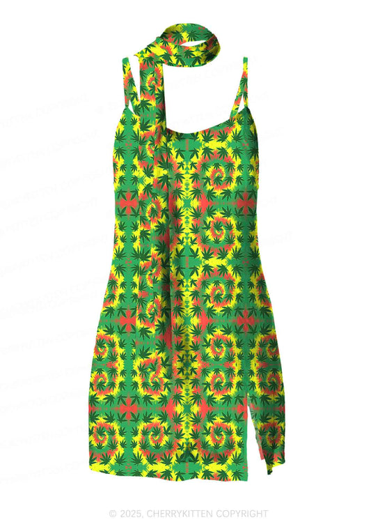 Trippy Leaves Y2K Mesh Slip Dress Cherrykitten