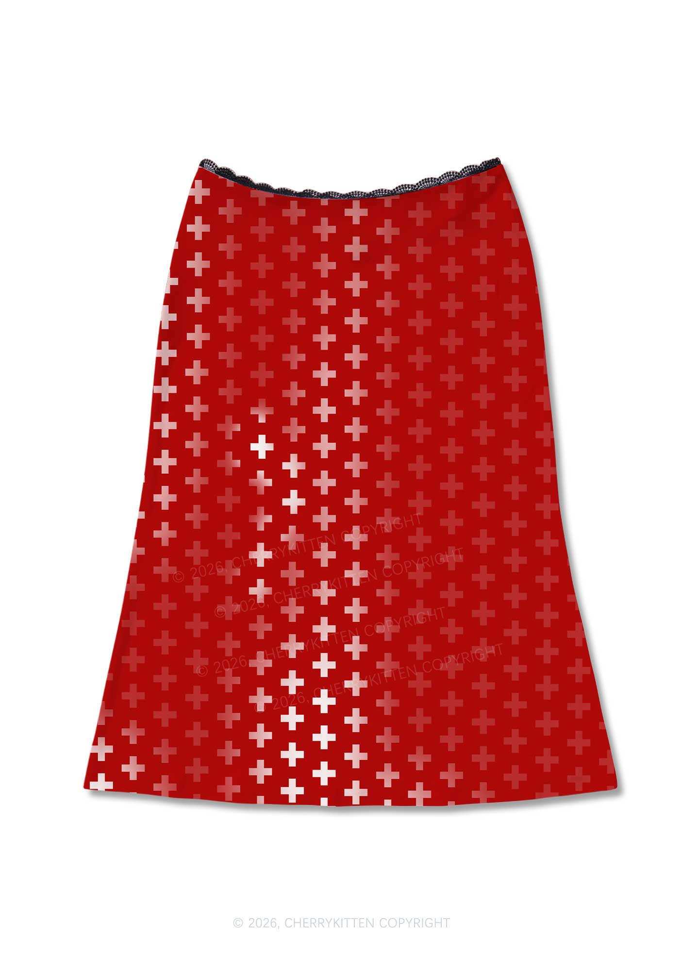 Red White Gradient Cross Y2K Print Midi Skirt Cherrykitten