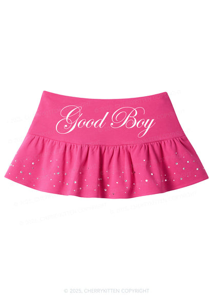 Good Boy Y2K Pink Ruffled Rhinestone Mini Skirt Cherrykitten