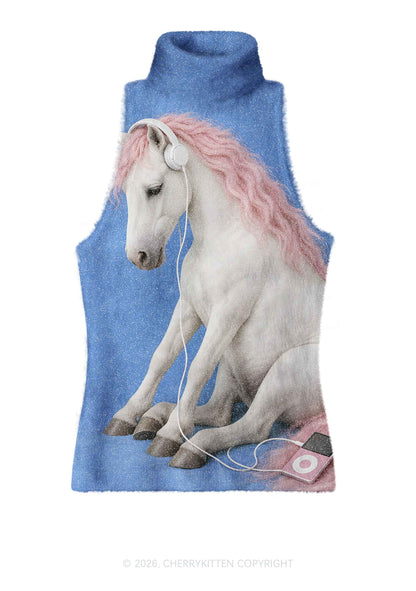 Pink Mane Horse With Headphones Y2K Knit Turtleneck Tank Top Cherrykitten