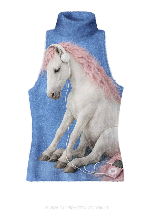 Pink Mane Horse With Headphones Y2K Knit Turtleneck Tank Top Cherrykitten