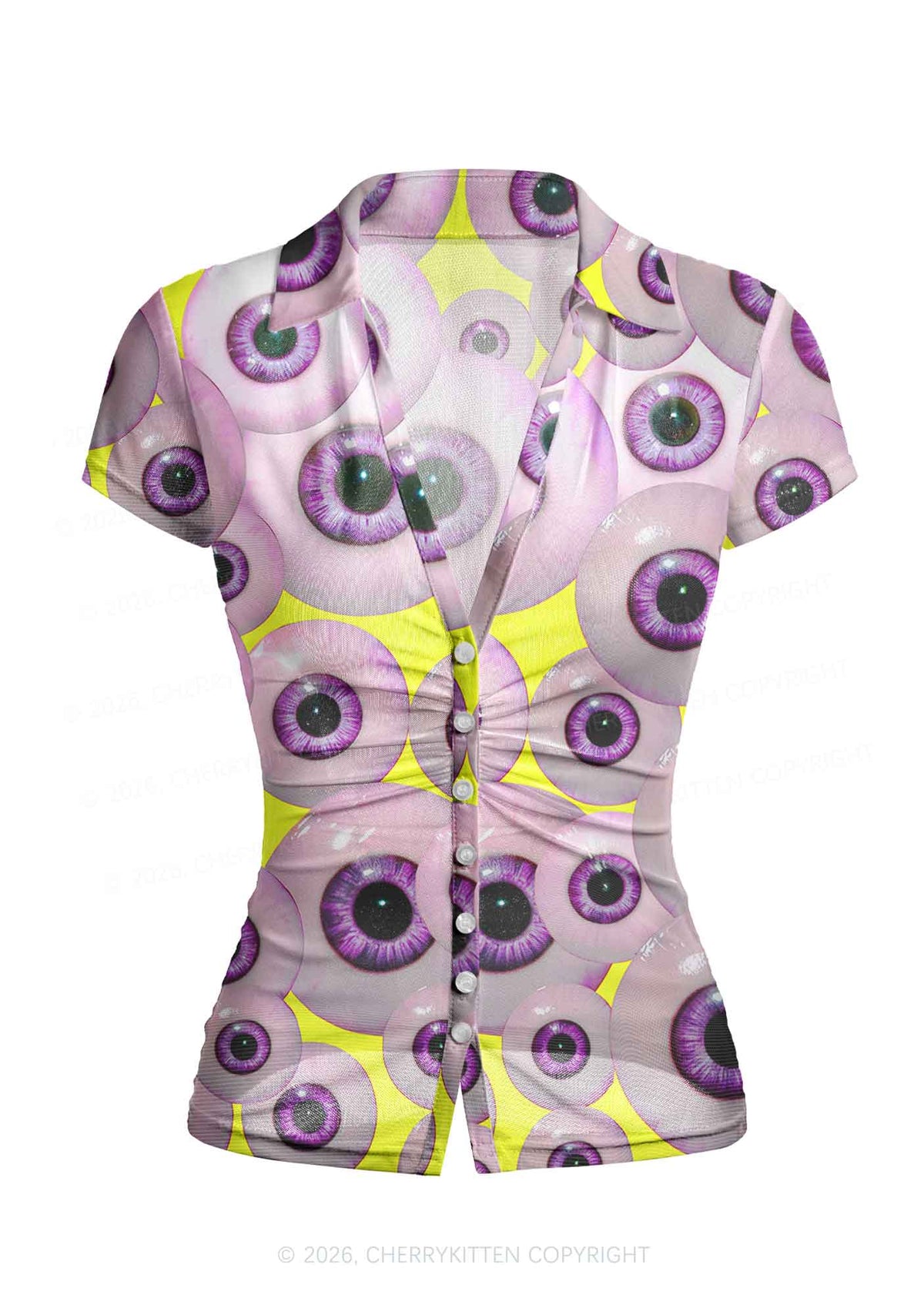 Halloween Purple Eyeballs Y2K Mesh Ruched Waist V Neck Top Cherrykitten