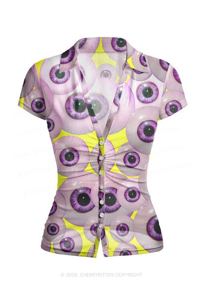 Halloween Purple Eyeballs Y2K Mesh Ruched Waist V Neck Top Cherrykitten
