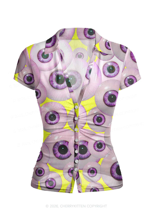 Halloween Purple Eyeballs Y2K Mesh Ruched Waist V Neck Top Cherrykitten