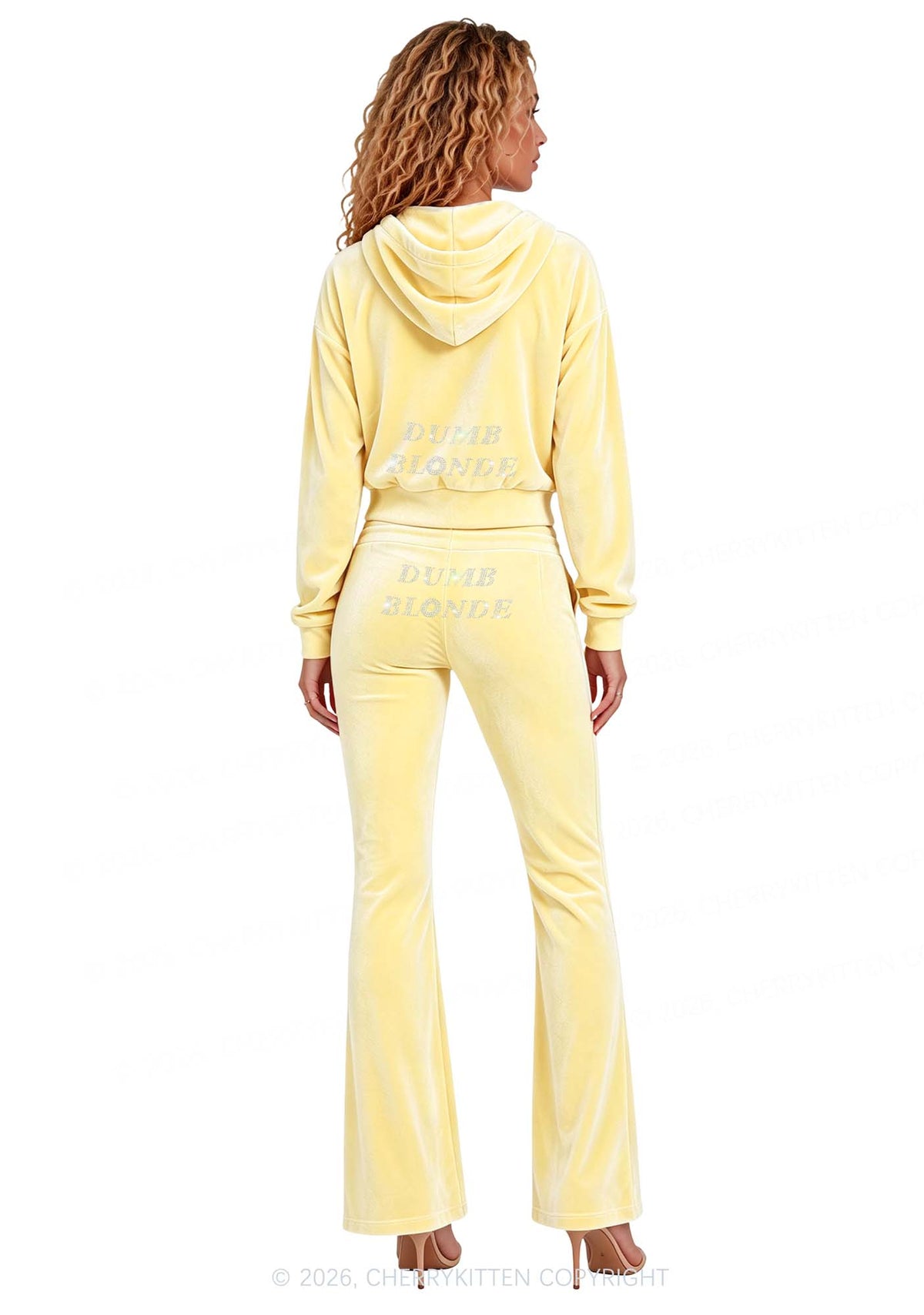 Rhinestone Dumb Blonde Y2K Velvet Tracksuit Set Cherrykitten