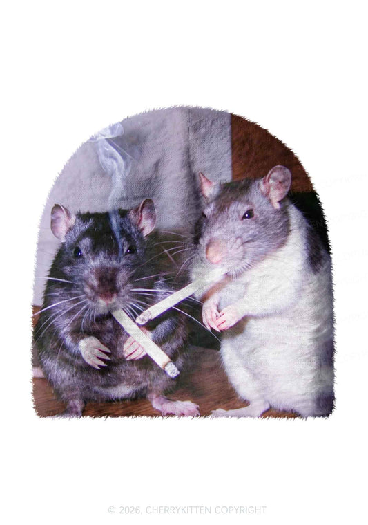 Smoking Rats Y2K Print Knit Beanie Cherrykitten