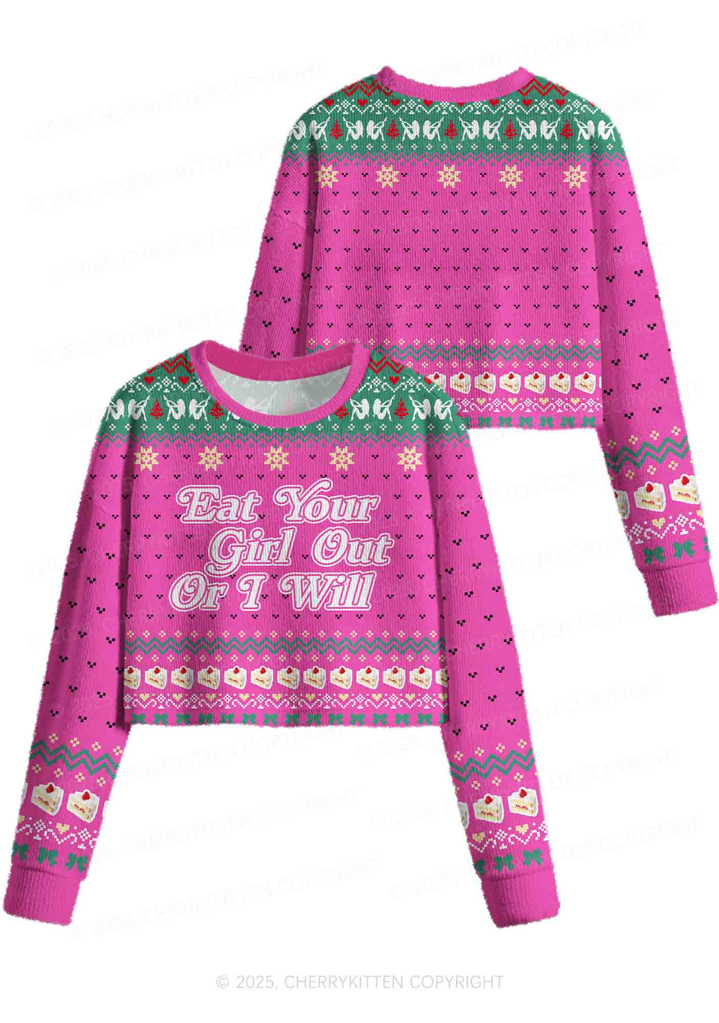 Eat Your Girl Out Pride Y2K Christmas Crop Knit Sweatshirt Cherrykitten