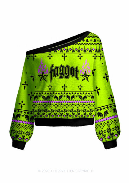 Faggot Stars Pride Y2K Off Shoulder Knit Sweatshirt Cherrykitten