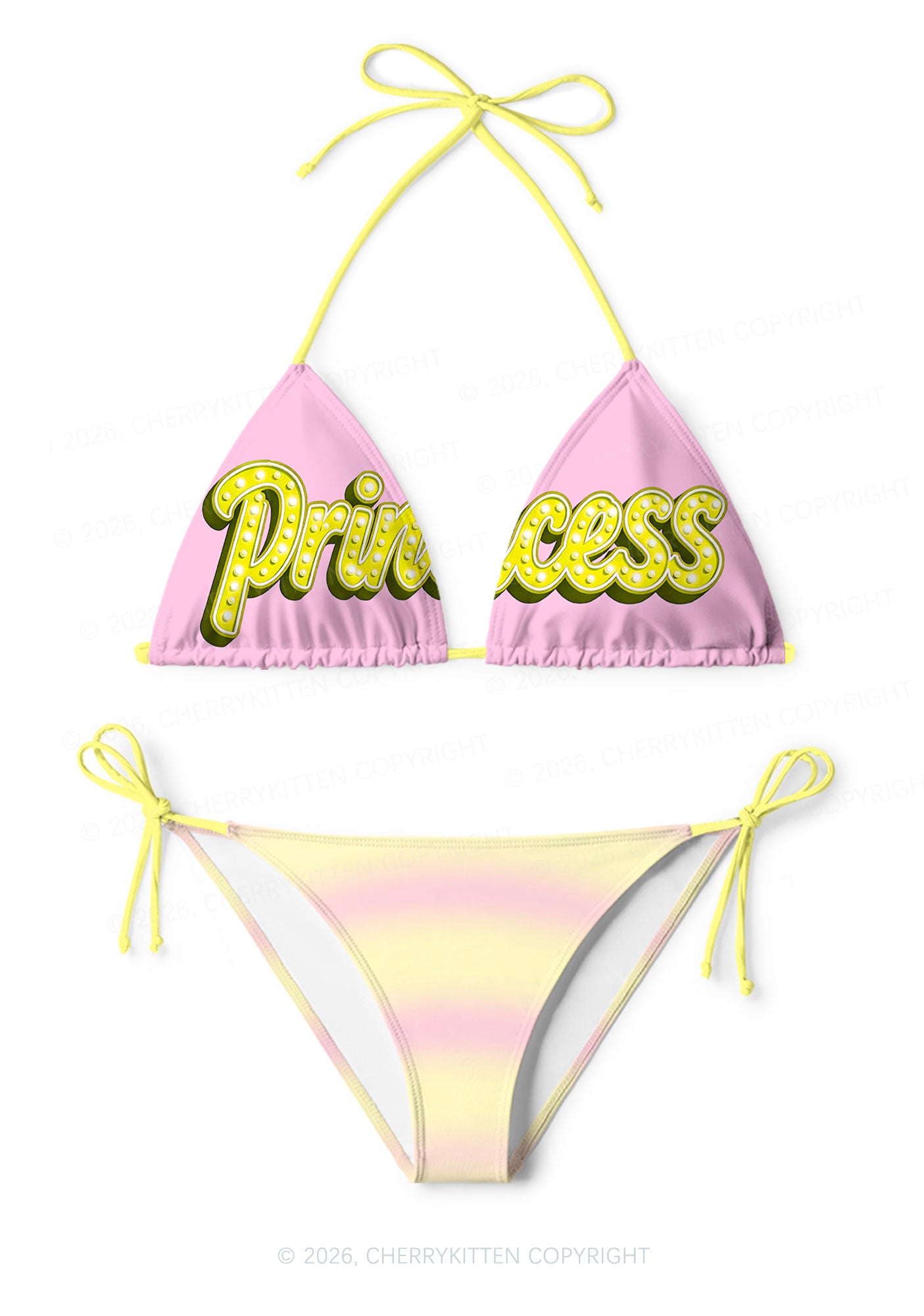 Pink Yellow Gradient Princess Y2K Print Bikini Set Cherrykitten