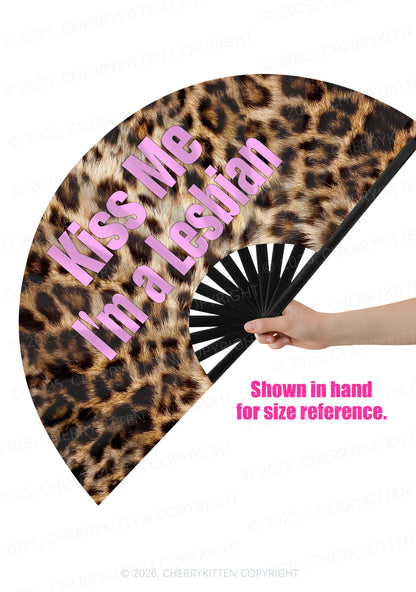 Kiss Me Im Lesbian Leopard Pride Y2K Rave Hand Fan Cherrykitten