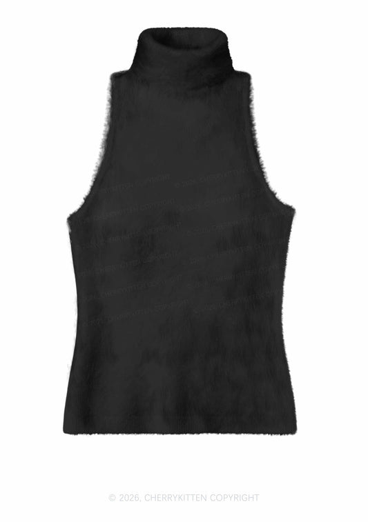Plain Black Y2K Knit Turtleneck Tank Top Cherrykitten