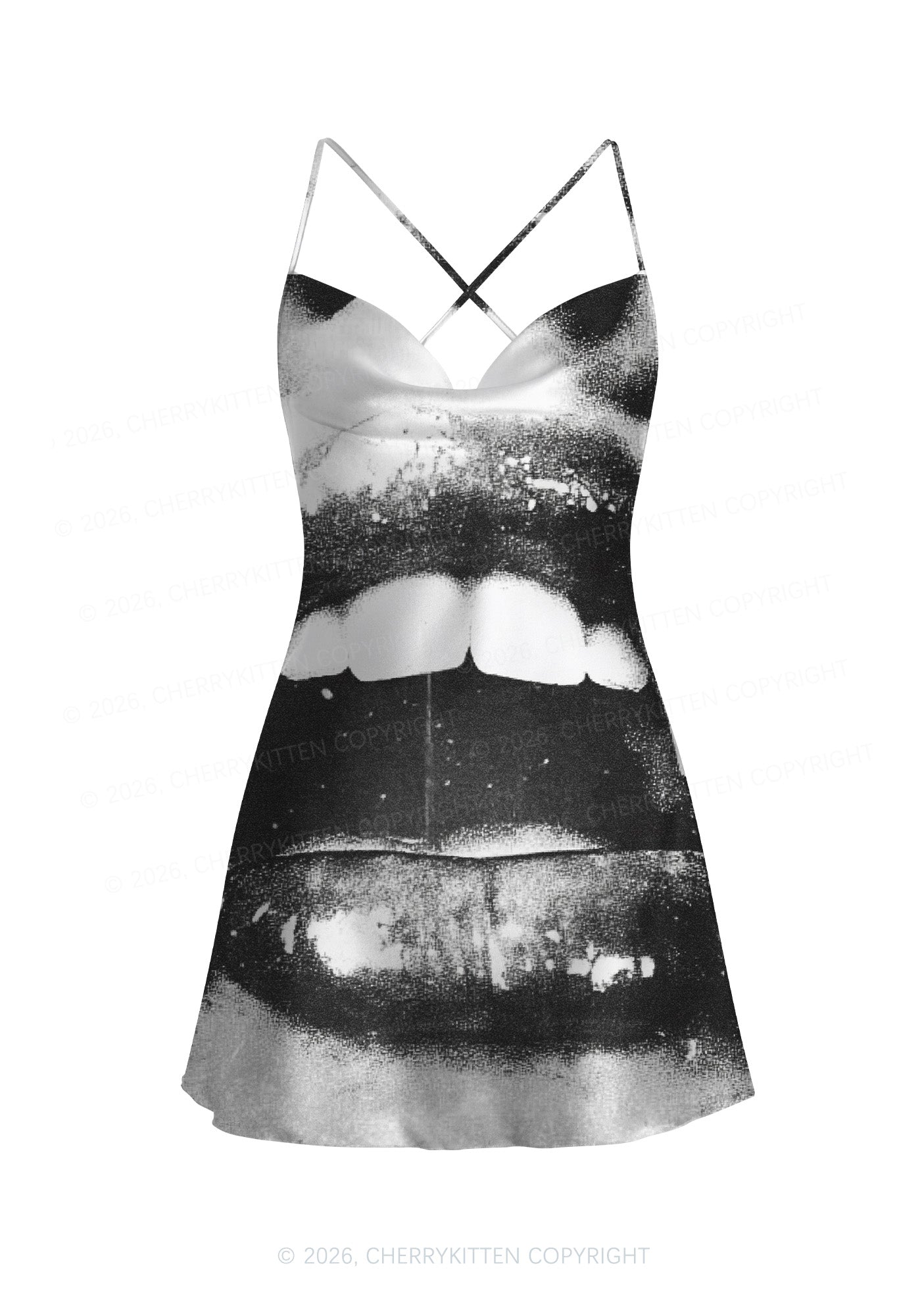 Halloween Vampire Lips Y2K Print Satin Cowl Neck Slip Dress Cherrykitten