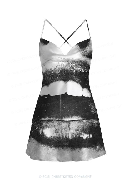 Halloween Vampire Lips Y2K Print Satin Cowl Neck Slip Dress Cherrykitten