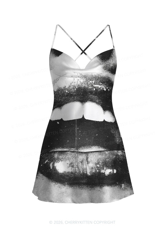 Halloween Vampire Lips Y2K Print Satin Cowl Neck Slip Dress Cherrykitten