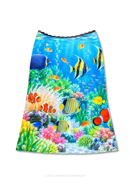 Ocean Fish Y2K Print Midi Skirt Cherrykitten