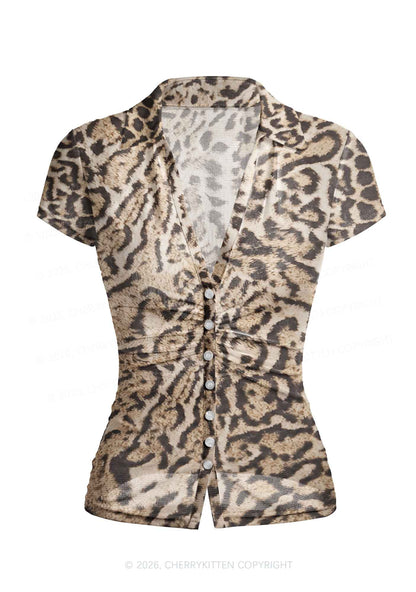 Brown Black Leopard Y2K Mesh Ruched Waist V Neck Top Cherrykitten