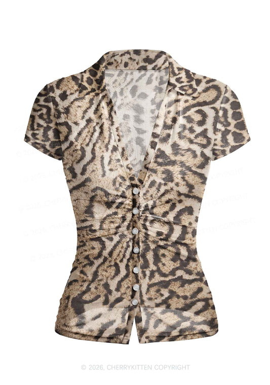 Brown Black Leopard Y2K Mesh Ruched Waist V Neck Top Cherrykitten