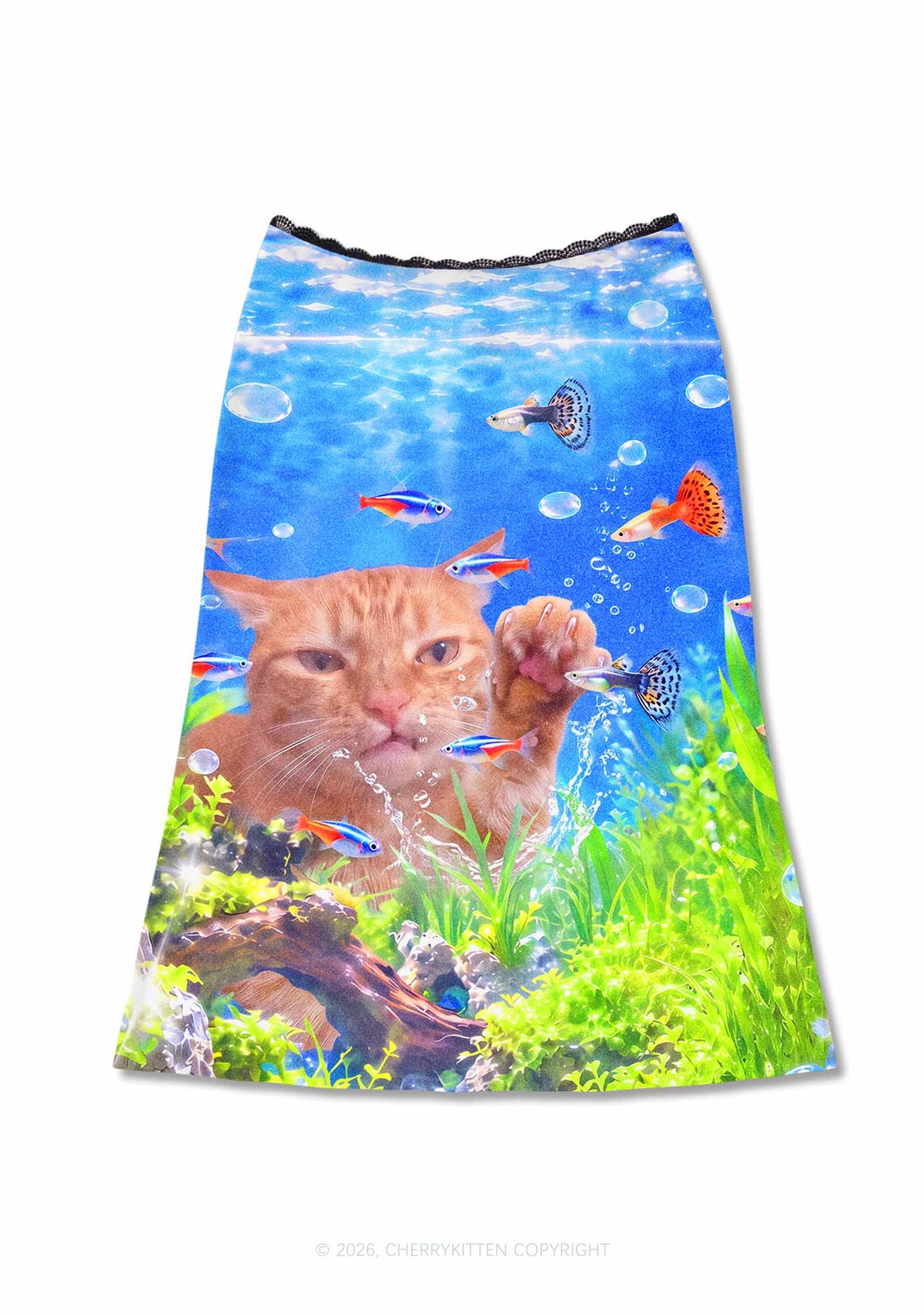 Cat Inside Aquarium Y2K Print Midi Skirt Cherrykitten