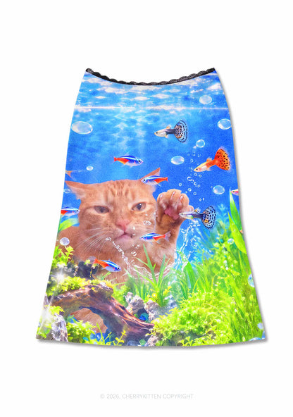 Cat Inside Aquarium Y2K Print Midi Skirt Cherrykitten