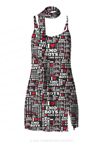 I Love Emo Boys Y2K Mesh Slip Dress Cherrykitten