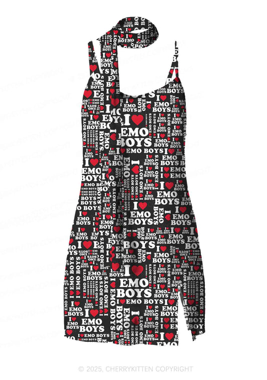 I Love Emo Boys Y2K Mesh Slip Dress Cherrykitten