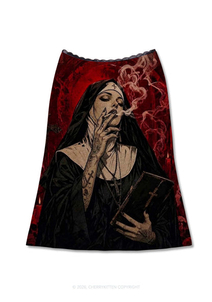 Gothic Tattoos Nun Y2K Print Midi Skirt Cherrykitten