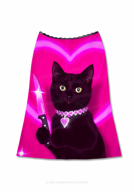 Halloween Cats Threat Y2K Print Midi Skirt Cherrykitten