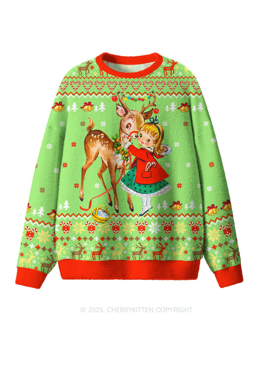 Girl Reindeer Y2K Christmas Knit Sweatshirt Cherrykitten