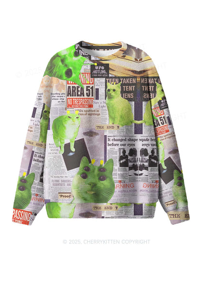 Green Alien Kitten Y2K Christmas Knit Sweatshirt Cherrykitten