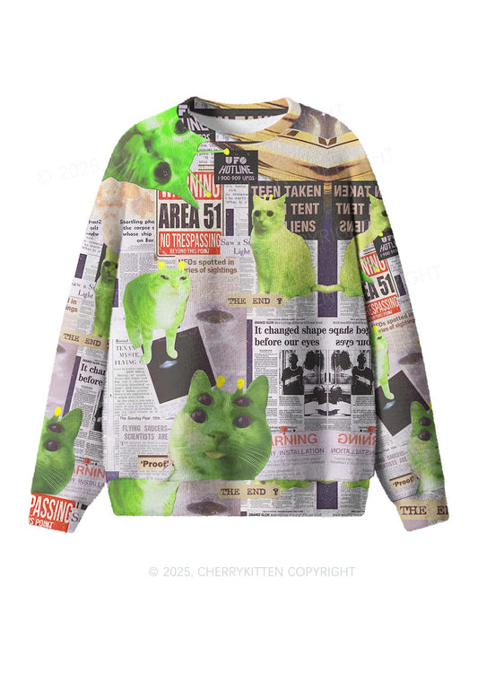 Green Alien Kitten Y2K Christmas Knit Sweatshirt Cherrykitten