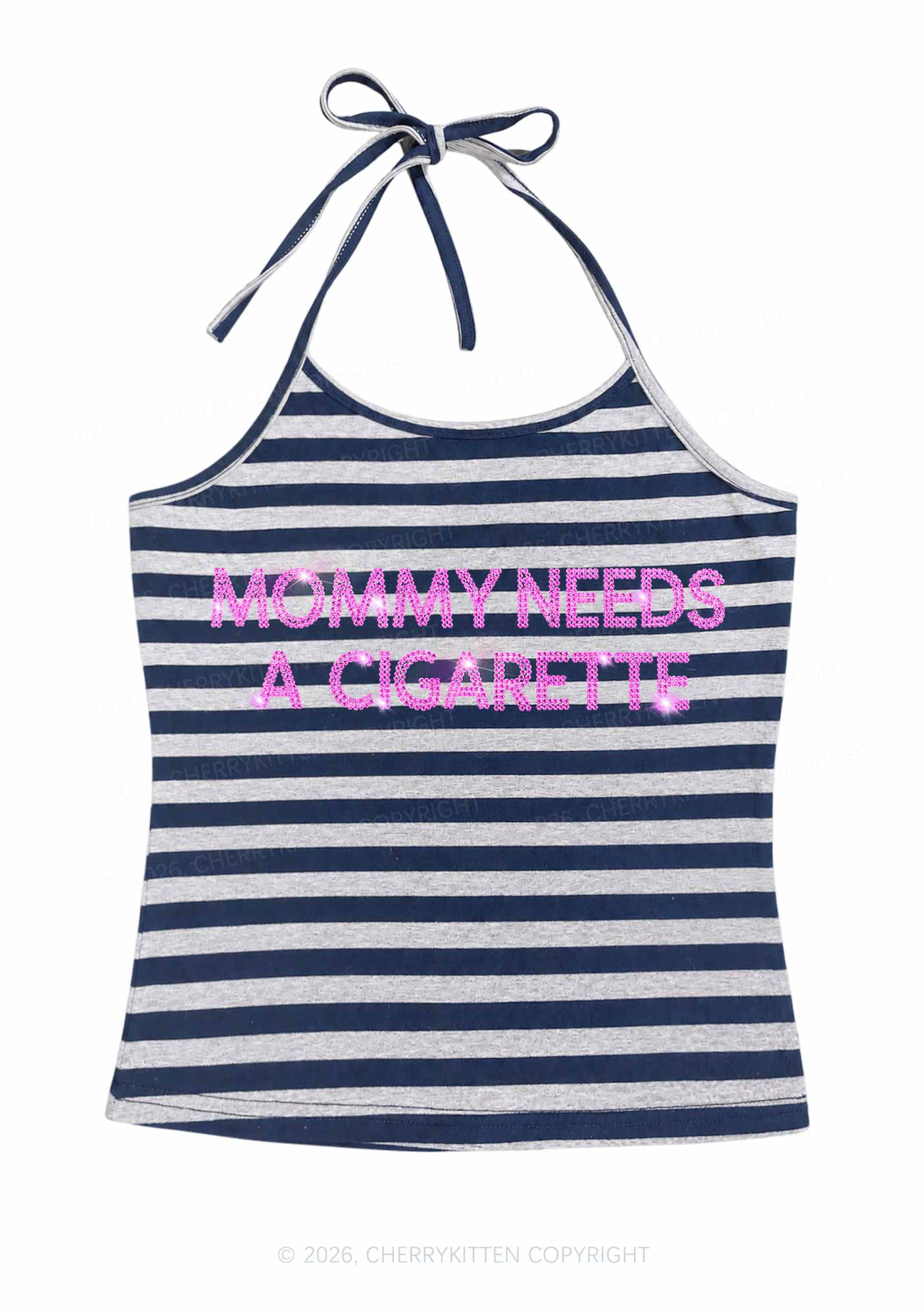 Rhinestone Mommy Needs Cigarette Y2K Navy Grey Striped Halter Neck Cami Cherrykitten