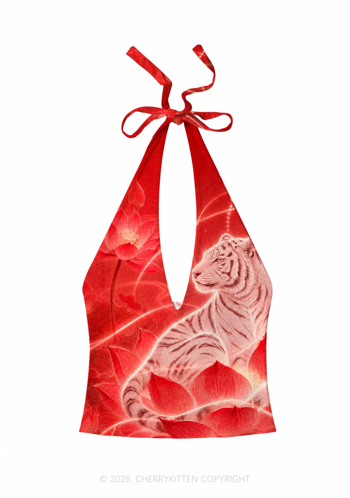 White Tiger Red Lotus Y2K Print Halter Deep V Neck Cami Cherrykitten