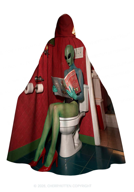 Halloween Alien On Toilet Y2K Print Hooded Cloak Cherrykitten