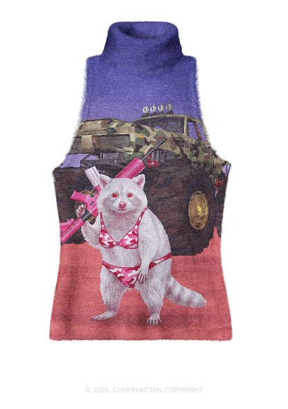Red Camouflage Bikini Raccoon Y2K Knit Turtleneck Tank Top Cherrykitten