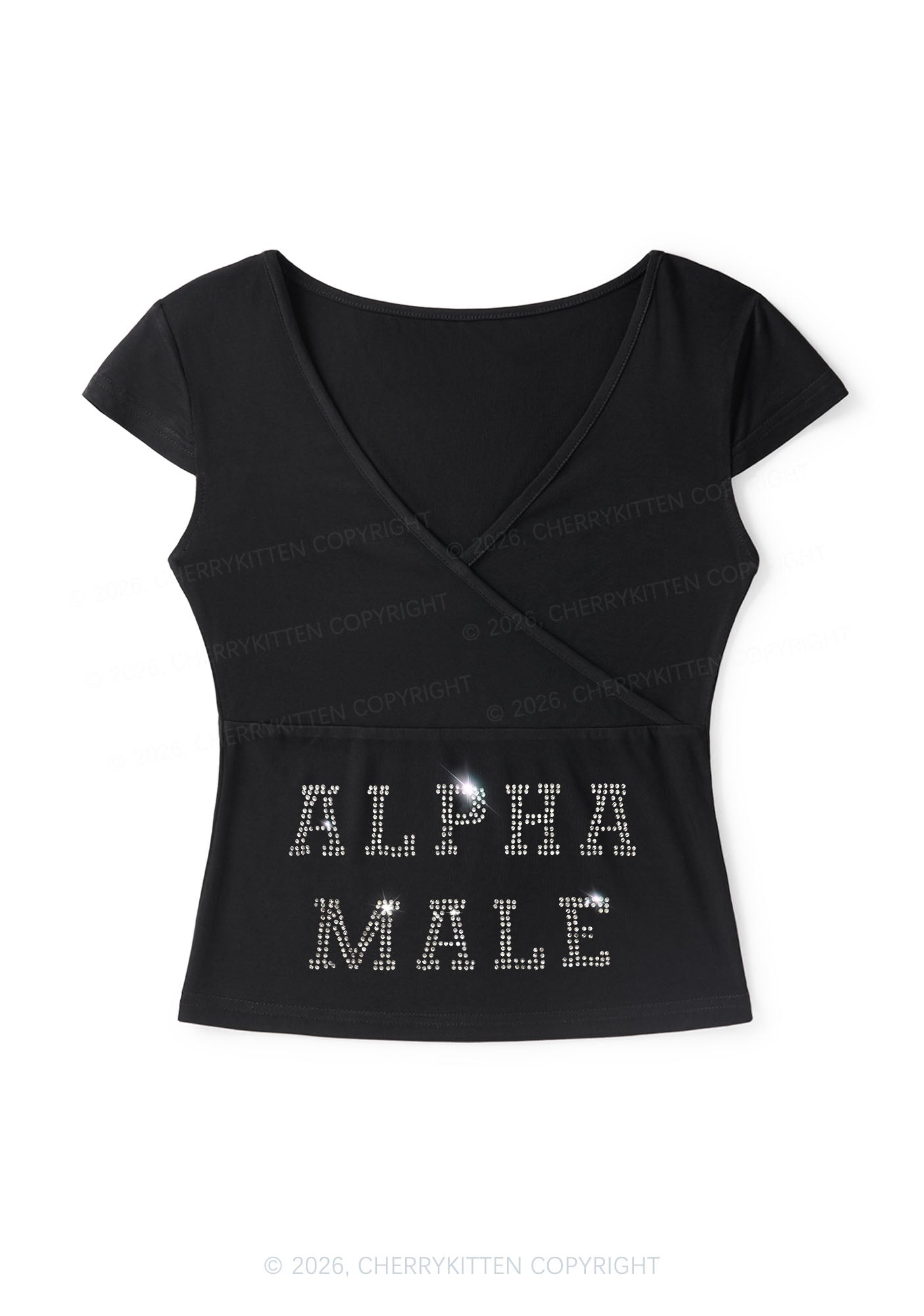 Rhinestone Alpha Male Y2K Wrap V Neck T Shirts Cherrykitten