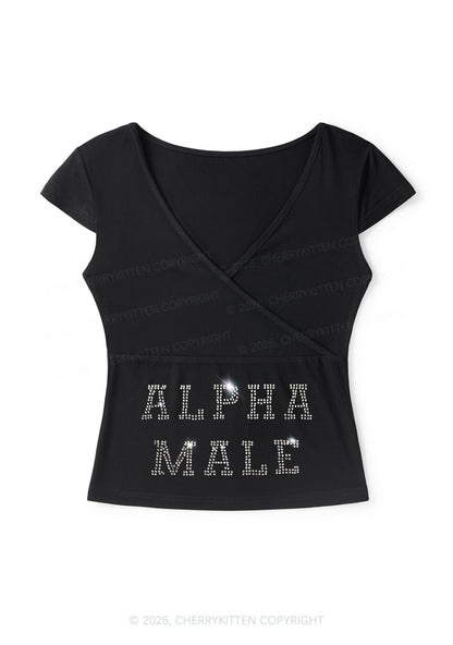 Rhinestone Alpha Male Y2K Wrap V Neck T Shirts Cherrykitten