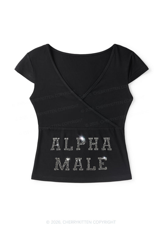 Rhinestone Alpha Male Y2K Wrap V Neck T Shirts Cherrykitten