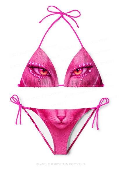 Pink Eyeshadow Cat Y2K Print Bikini Set Cherrykitten