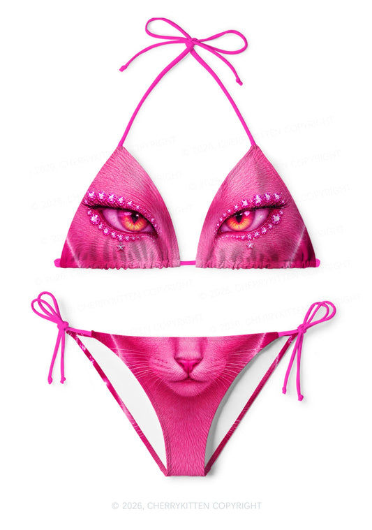 Pink Eyeshadow Cat Y2K Print Bikini Set Cherrykitten