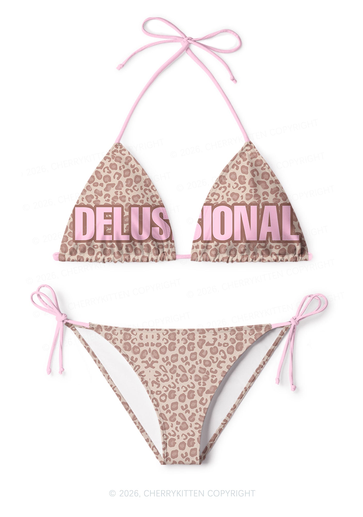 Pink Delusional Leopard Y2K Print Bikini Set Cherrykitten