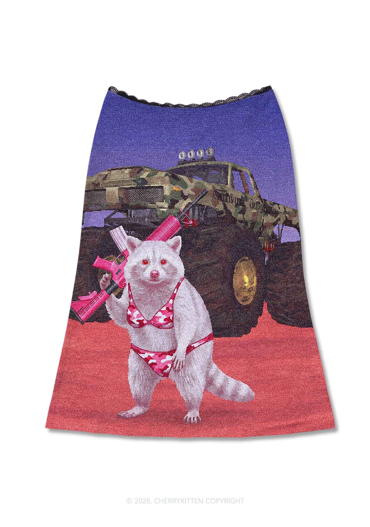Red Camouflage Bikini Raccoon Y2K Print Midi Skirt Cherrykitten
