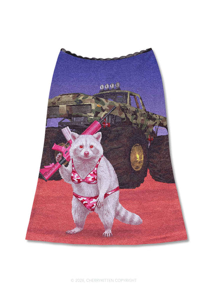 Red Camouflage Bikini Raccoon Y2K Print Midi Skirt Cherrykitten