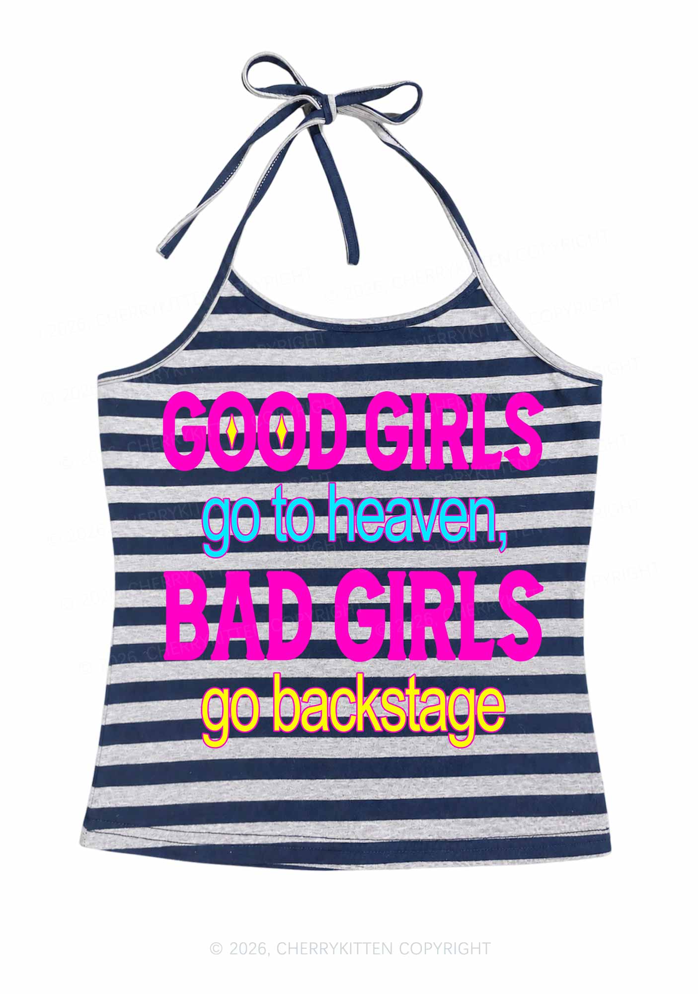 Bad Girls Go Backstage Y2K Navy Grey Striped Halter Neck Cami Cherrykitten