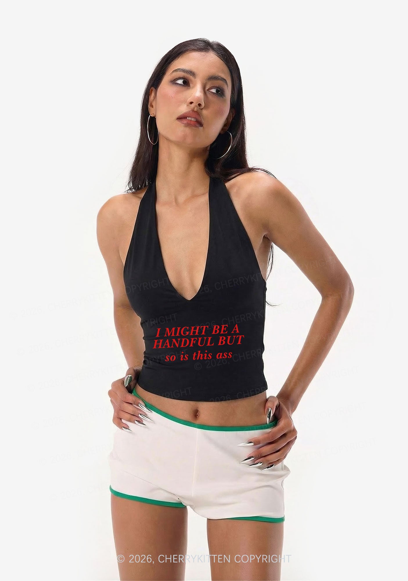 I Might Be Handful Y2K Halter Deep V Neck Cami Cherrykitten