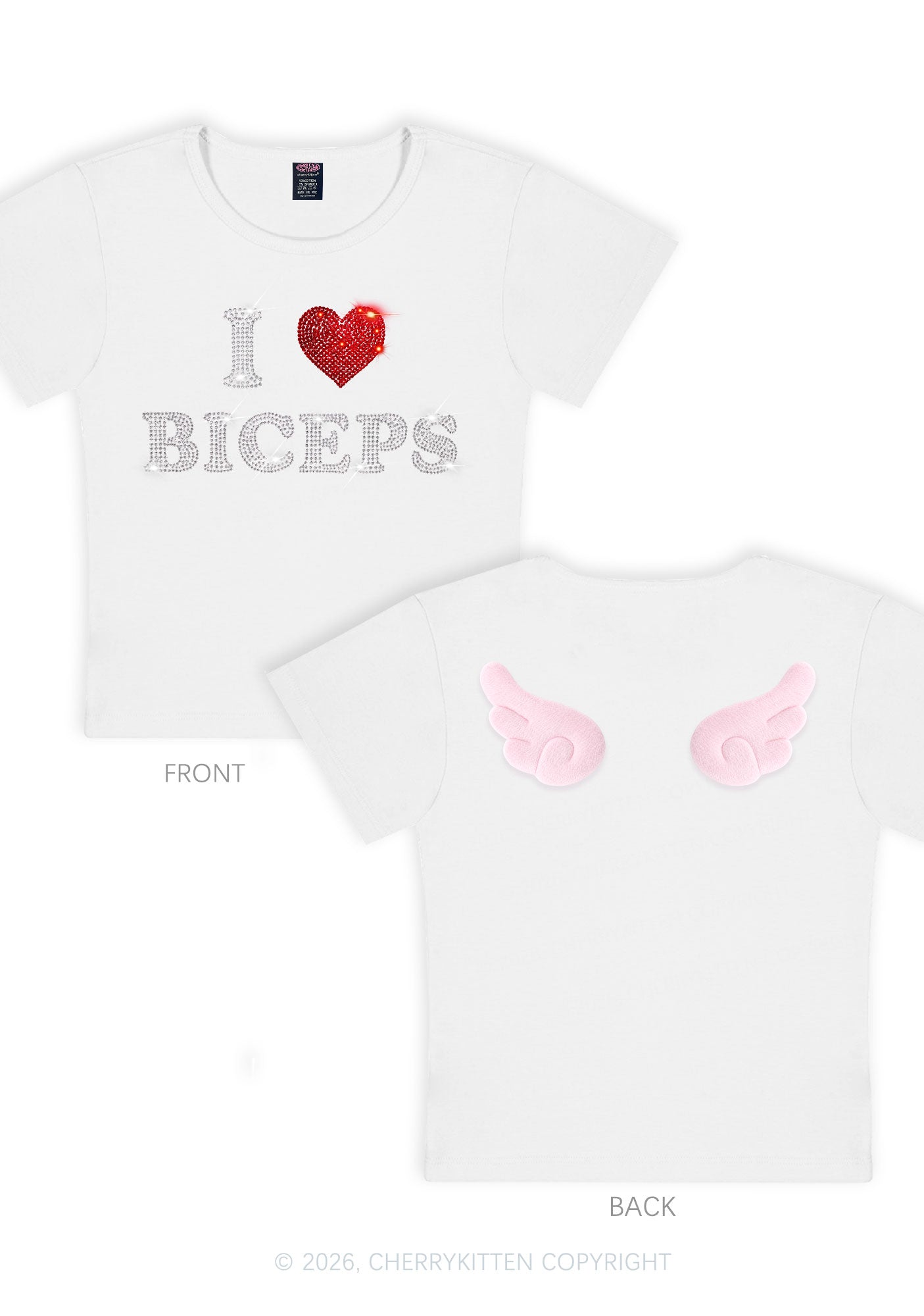 Rhinestone I Love Biceps Y2K Goth Angel Wings Baby Tee Cherrykitten