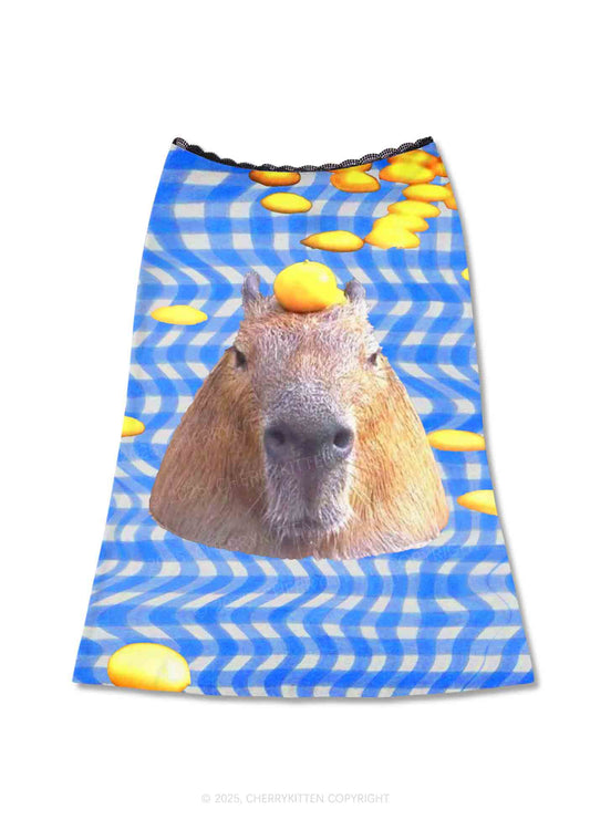 Capybara Lemon Hat Y2K Print Midi Skirt Cherrykitten