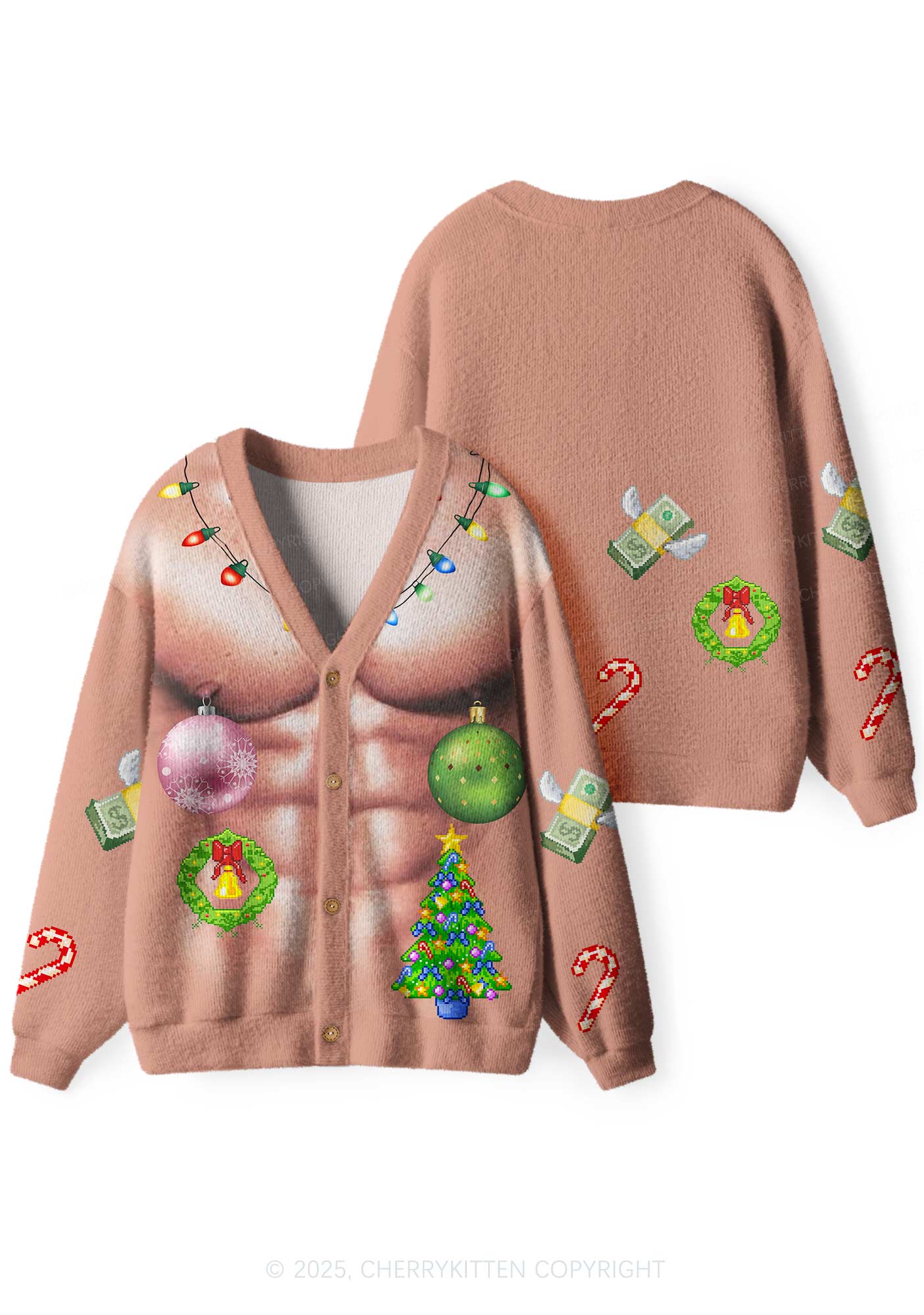 Light Muscle Santa Y2K Christmas Cardigan Knit Sweatshirt Cherrykitten