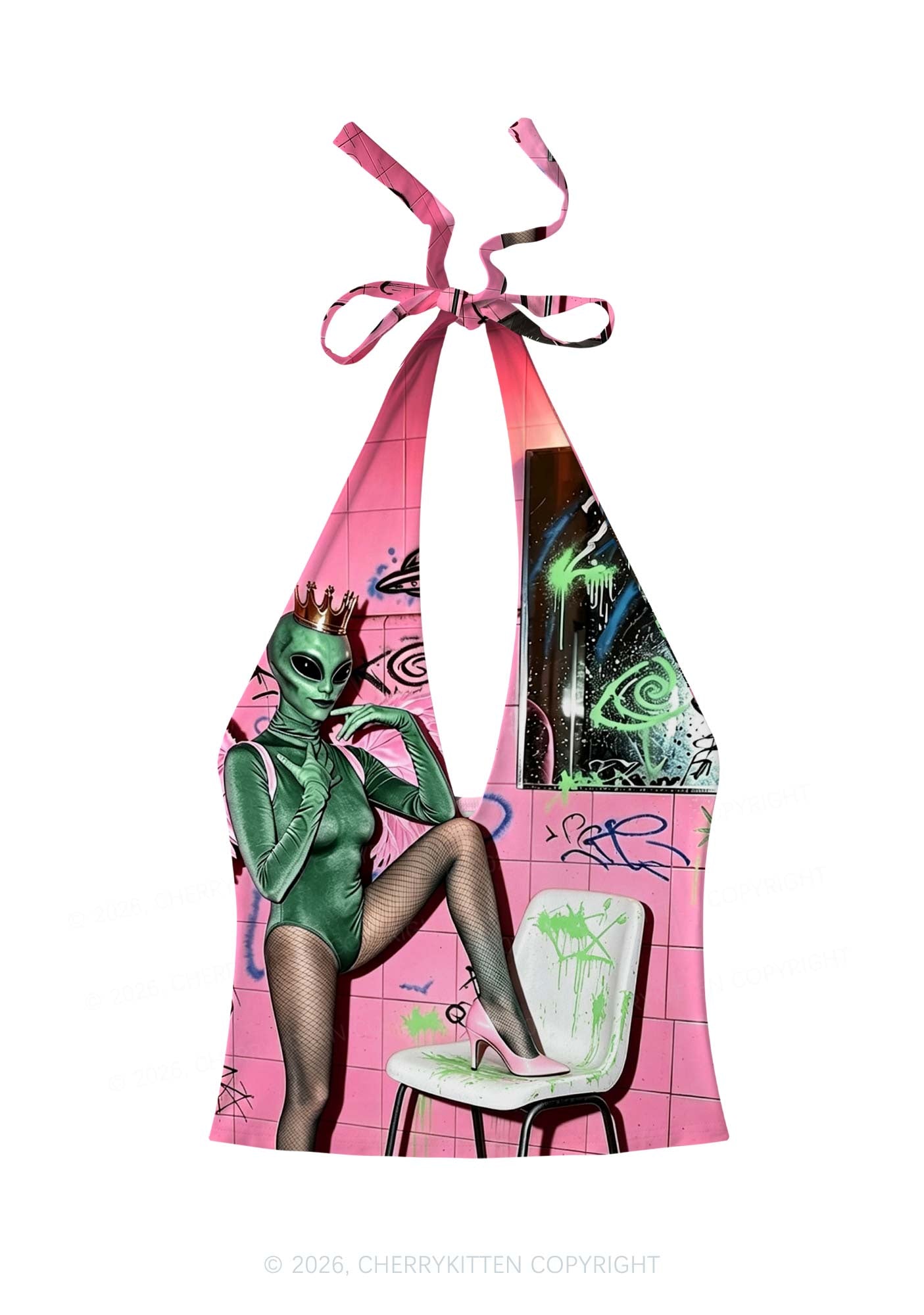 Alien Angel Graffiti Wall Y2K Print Halter Deep V Neck Cami Cherrykitten
